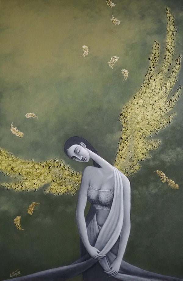 Figurative acrylic painting titled 'Dream Wings', 36x24 inches, by artist Uttam Bhattacharya on Canvas