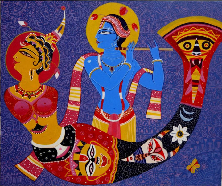 Religious acrylic painting titled 'Dreamgirl with Krishna', 30x36 inches, by artist Bhaskar Lahiri on Canvas