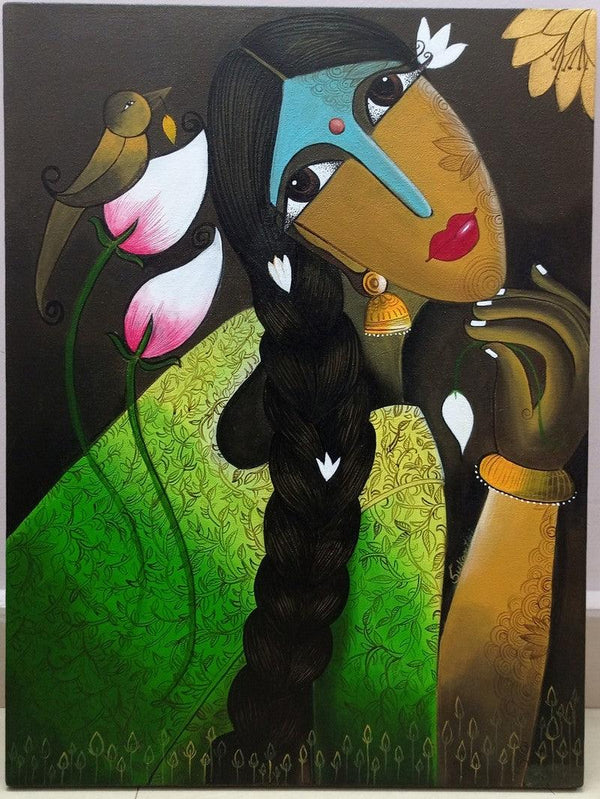 Figurative acrylic painting titled 'Dreaming Beauty Acrylics On Canvas 18x24', 24x18 inches, by artist K P Sukanthi Kunuku Pochi Sukanthi on Canvas Board