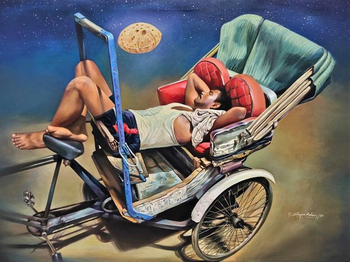 Figurative acrylic painting titled 'Dreaming For Bread', 36x48 inches, by artist Shyamsundar Achary on Canvas