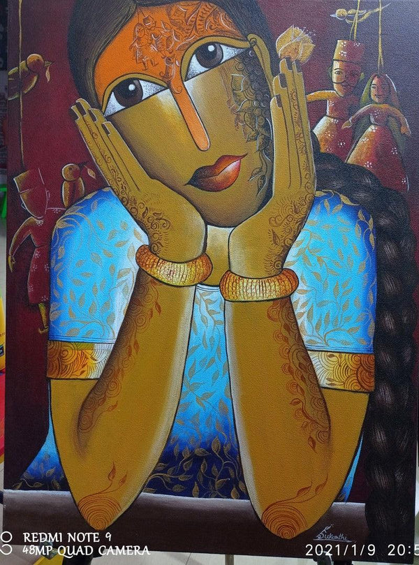 Figurative acrylic painting titled 'Dreaming Puppet Show Acrylics On Canvas', 24x18 inches, by artist K P Sukanthi Kunuku Pochi Sukanthi on Canvas Board