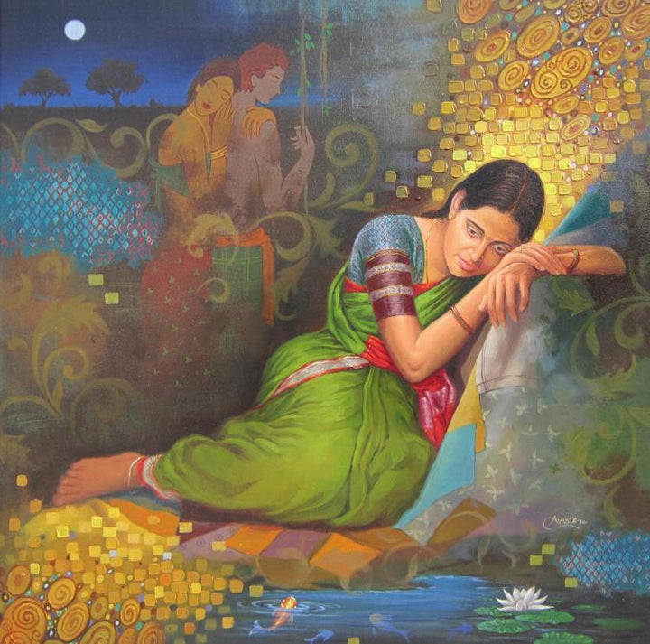 Photorealistic acrylic painting titled 'Dreaming Woman', 30x30 inches, by artist Baburao (amit) Awate on Canvas