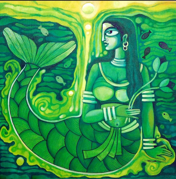 Figurative acrylic painting titled 'Dreamy Mermaid', 36x36 inches, by artist Pradip Goswami on Canvas