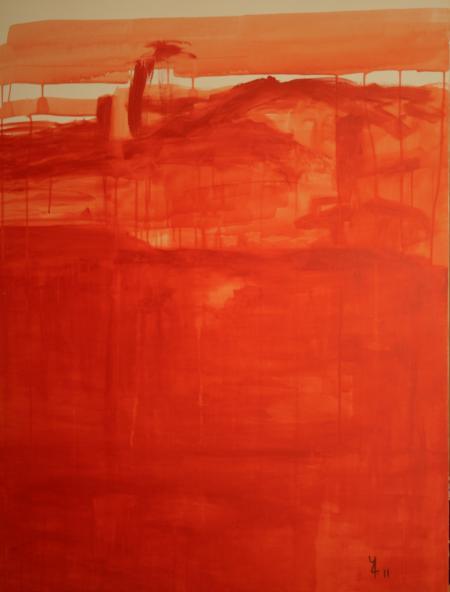 Abstract oil painting titled 'Drip Orange Abstract', 48x36 inches, by artist Prakash Bal Joshi on Canvas