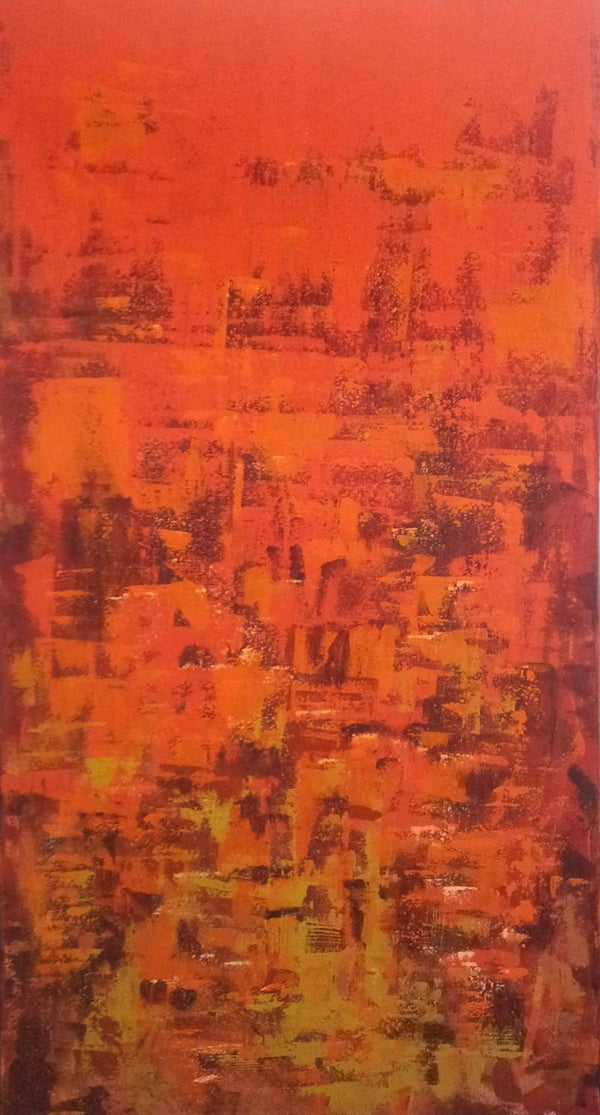 Abstract acrylic painting titled 'Dripping Orange', 24x44 inches, by artist Sanjay Akolikar on Canvas