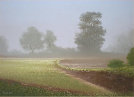 Landscape oil painting titled 'drizzle', 16x22 inches, by artist Fareed Ahmed on Canvas Board