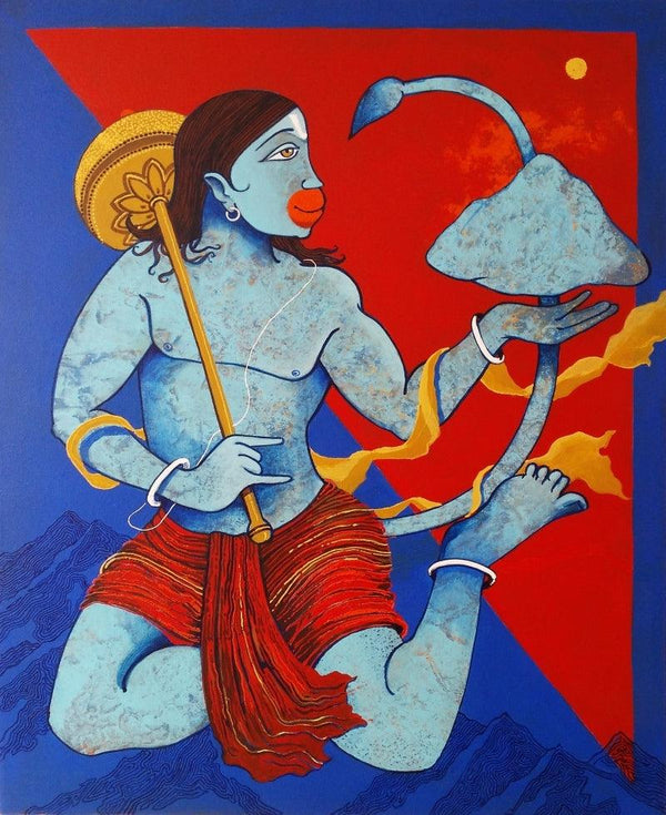 Religious acrylic painting titled 'Dronagiri 1', 30x27 inches, by artist Prakash Pore on Canvas