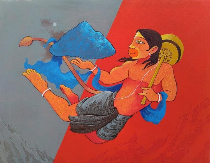 Religious acrylic painting titled 'Dronagiri 2', 36x48 inches, by artist Prakash Pore on Canvas