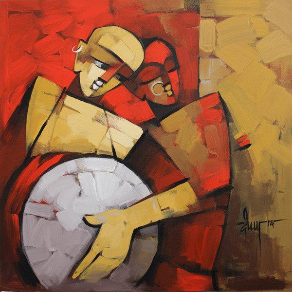 Figurative acrylic painting titled 'Drummer 75', 30x30 inches, by artist Deepa Vedpathak on Canvas