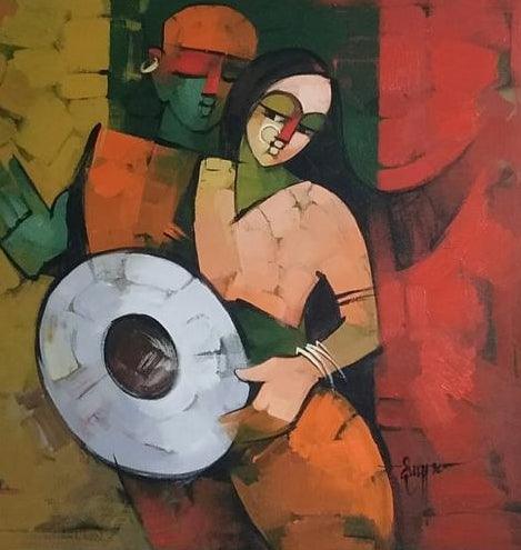 Figurative acrylic painting titled 'Drummer 91', 36x36 inches, by artist Deepa Vedpathak on Canvas