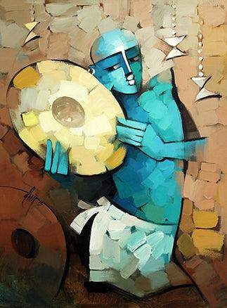 Figurative acrylic painting titled 'Drummer', 48x36 inches, by artist Deepa Vedpathak on Canvas