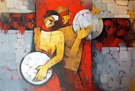 Figurative acrylic painting titled 'Drummer Couple', 48x68 inches, by artist Deepa Vedpathak on Canvas