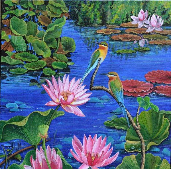 Nature acrylic painting titled 'Duet In Lotus pond', 24x24 inches, by artist Vani Chawla on Canvas