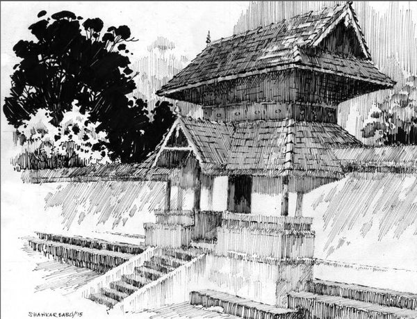 Scenic pen drawing titled 'Duplex', 11x14 inches, by artist Sankara Babu on Paper