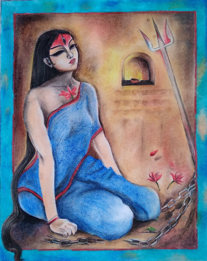 Religious mixed-media drawing titled 'Durga', 19x15 inch, by artist Parboni Roy Ghosh on Paper