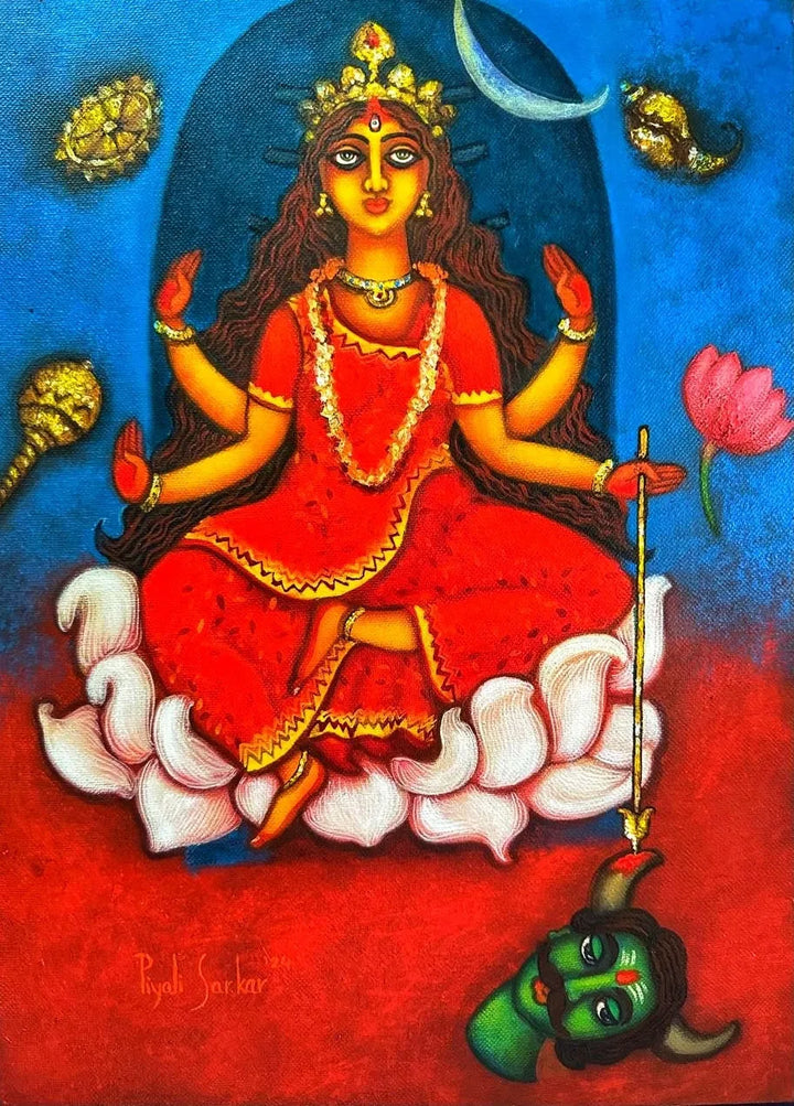 Religious acrylic painting titled 'Durga 2', 16x12 inch, by artist Piyali Sarkar on Canvas