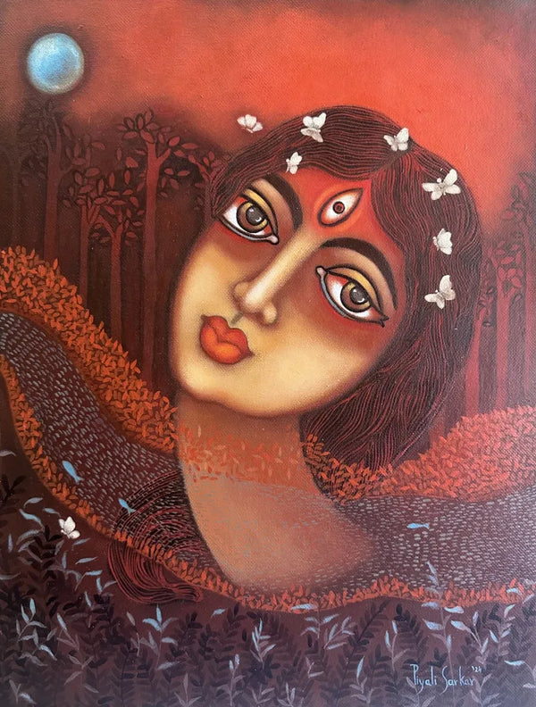 Religious acrylic painting titled 'Durga 3', 16x12 inch, by artist Piyali Sarkar on Canvas