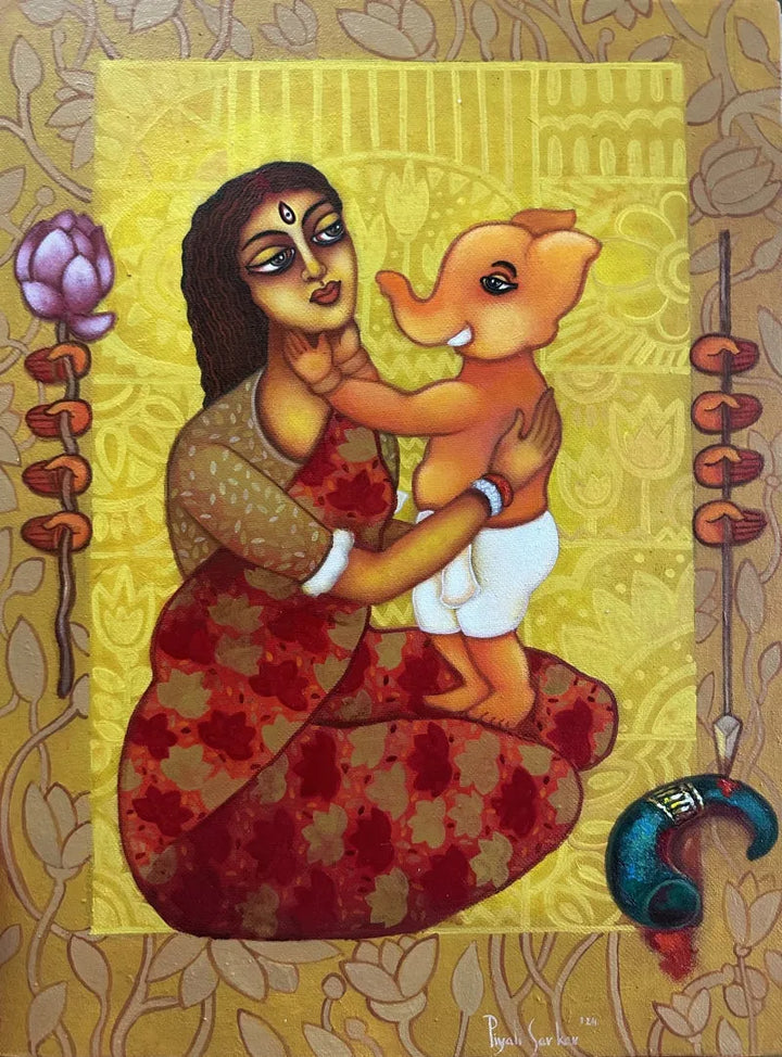 Religious acrylic painting titled 'Durga And Ganesha', 16x12 inch, by artist Piyali Sarkar on Canvas