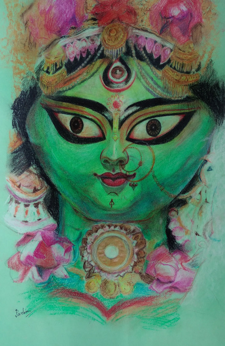 Religious soft-pastel drawing titled 'Durga Portrait', 17x12 inch, by artist Parboni Roy Ghosh on Pastel Paper