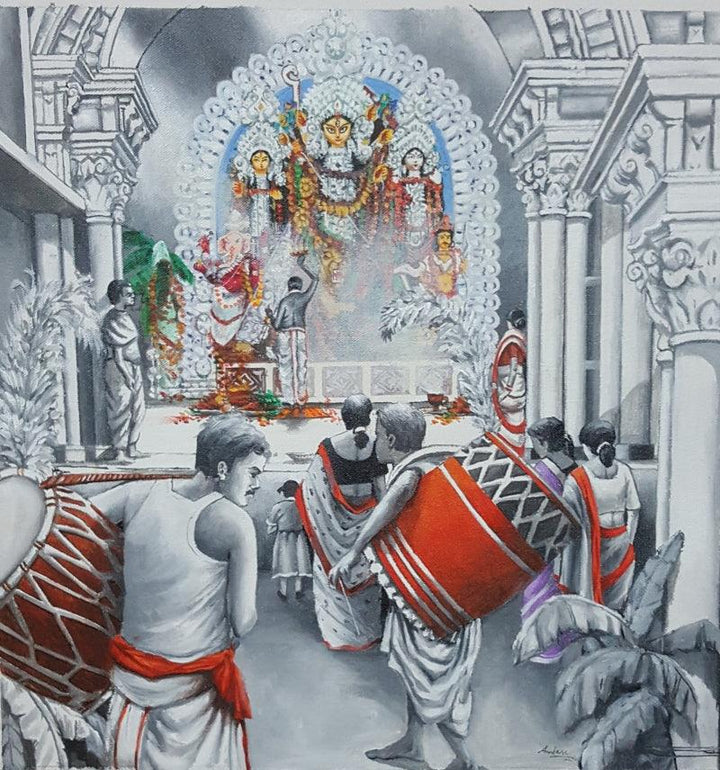 Photorealistic acrylic painting titled 'Durga Puja (Maha Shasthi)', 20x24 inches, by artist Amlan Dutta on Canvas