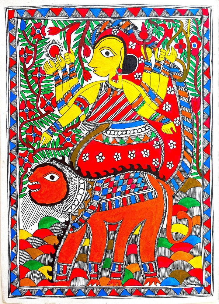 Folk Art madhubani traditional art titled 'Durga Riding A Tiger 1', 15x11 inches, by artist Heena Devi on Handmade Paper