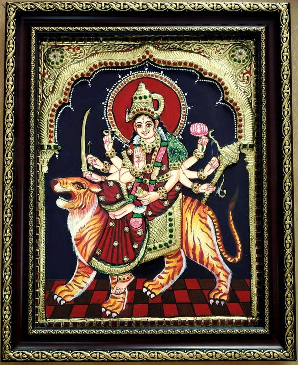 Religious tanjore traditional art titled 'Durga Tanjore Painting 1', 15x12 inches, by artist VANI VIJAY on Plywood