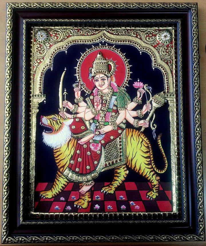 Religious tanjore traditional art titled 'Durga Tanjore Painting', 14x18 inches, by artist VANI VIJAY on Plywood