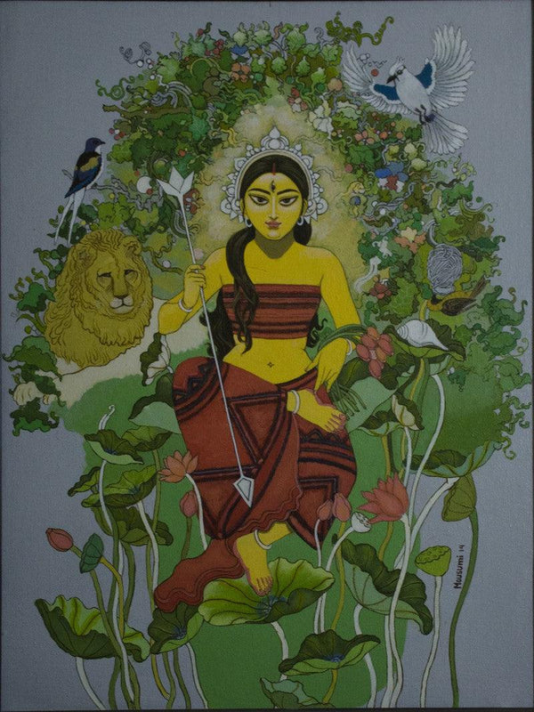 Figurative acrylic painting titled 'Durga with nature', 24x18 inches, by artist Mousumi Pal Majumdar on Canvas