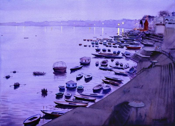 Cityscape watercolor painting titled 'Dusk In Varanasi', 21x29 inches, by artist Ramesh Jhawar on Paper