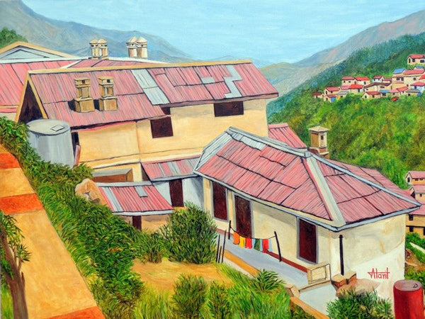 Landscape oil painting titled 'Dwellings In Nainital', 40x30 inches, by artist Ajay Harit on Canvas