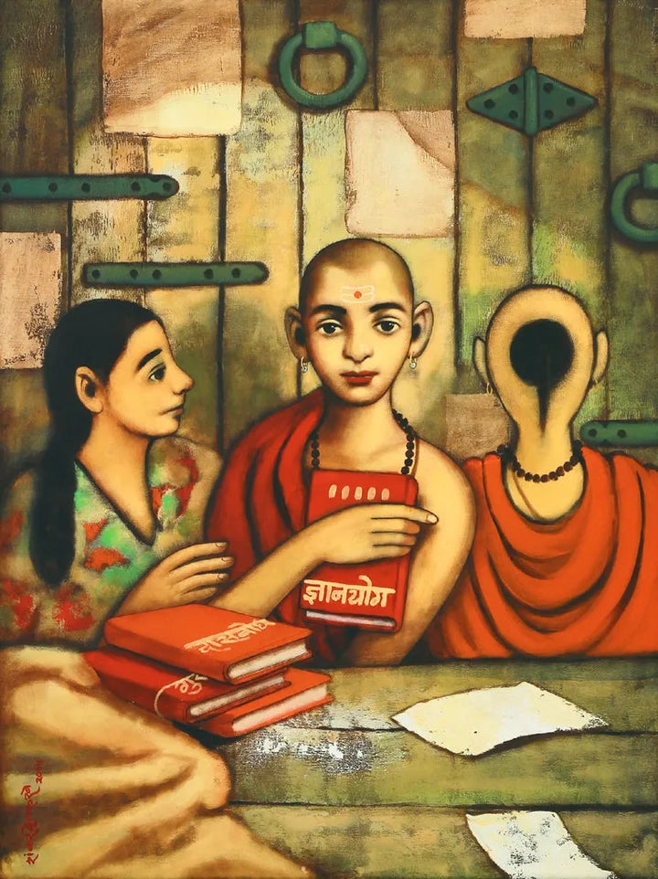 Religious acrylic painting titled 'Dyanyog', 48x36 inch, by artist Shankar Devarukhe on Canvas