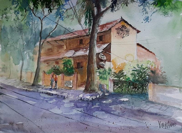 Cityscape watercolor painting titled 'Dyu Art Cafe', 15x11 inches, by artist Vivekanand Viswam on Paper