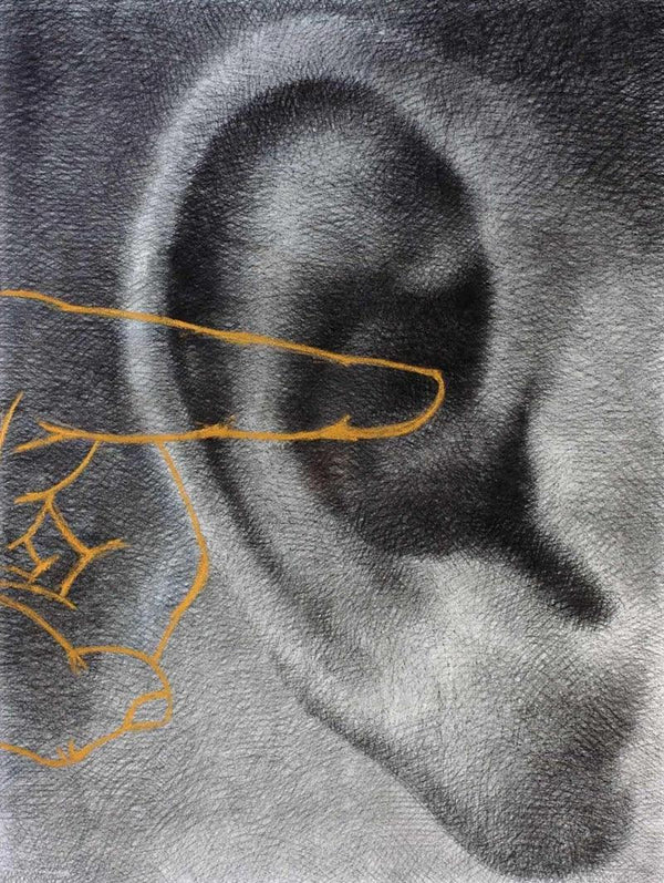 Figurative mixed media drawing titled 'Ear And Finger', 48x36 inches, by artist Sajal Sarkar on Canvas