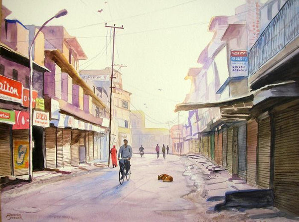 Cityscape watercolor painting titled 'Early Morning', 15x20 inches, by artist Ramesh Jhawar on Paper