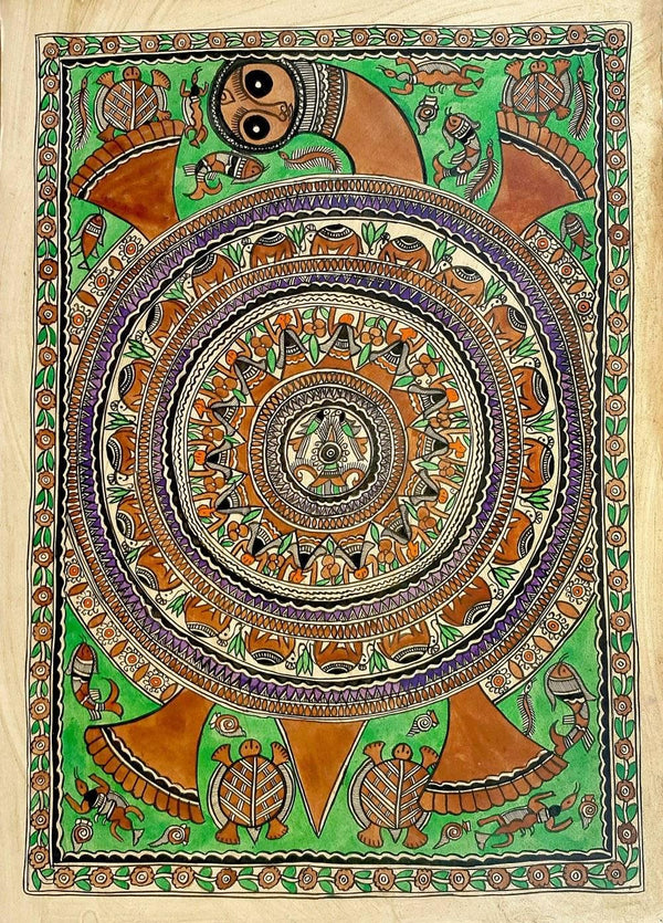 Folk Art madhubani traditional art titled 'Earth On Tortoise', 30x22 inches, by artist Chano Devi on Handmade Paper