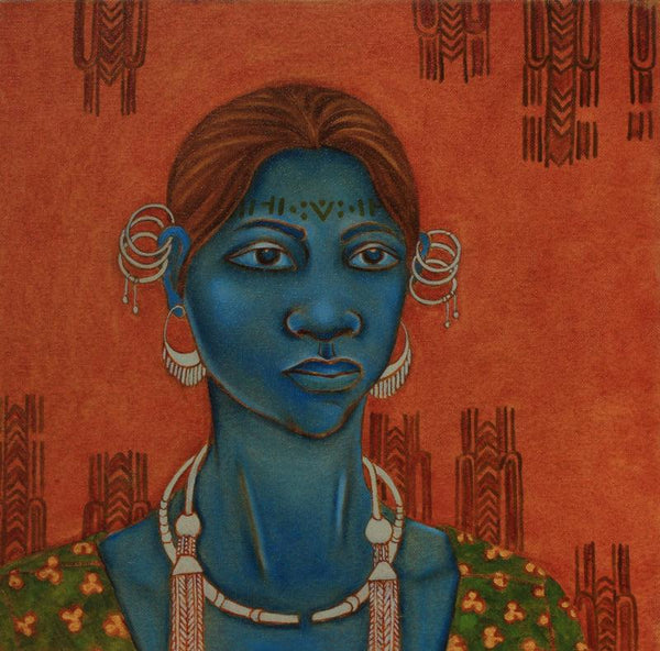 Figurative oil painting titled 'Earthen Native 1 (Baiga Tribe)', 15x15 inches, by artist Supriya Amber on Canvas