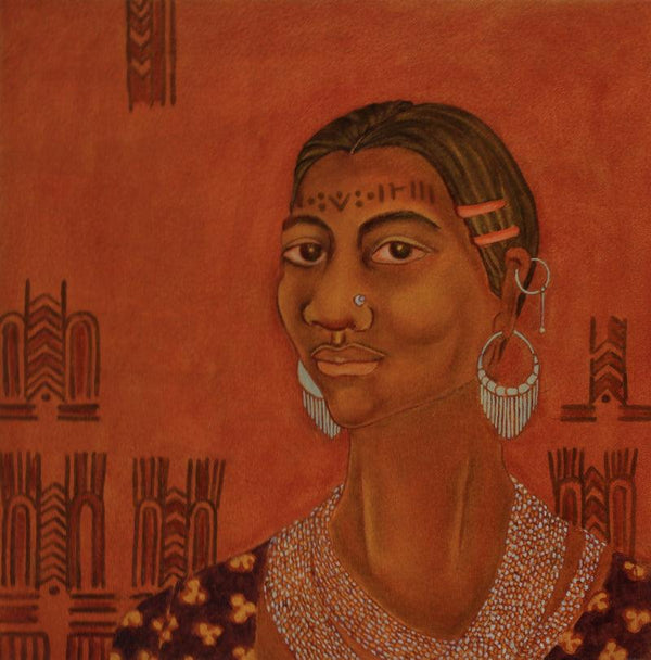 Figurative oil painting titled 'Earthen Native 4 (Baiga Tribe)', 15x15 inches, by artist Supriya Amber on Canvas