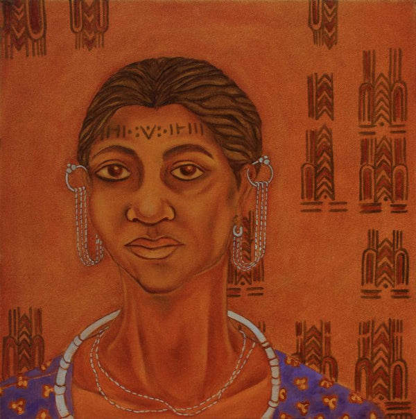 Figurative oil painting titled 'Earthen Native 5 (Baiga Tribe)', 15x15 inches, by artist Supriya Amber on Canvas