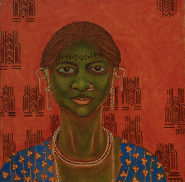 Figurative oil painting titled 'Earthen Native 6 (Baiga Tribe)', 15x15 inches, by artist Supriya Amber on Canvas