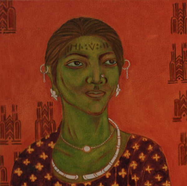 Figurative oil painting titled 'Earthen Native 7 (Baiga Tribe)', 15x15 inches, by artist Supriya Amber on Canvas