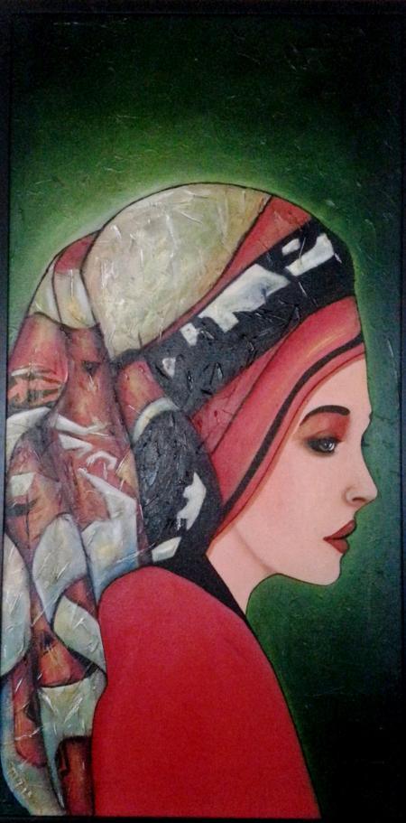 Figurative oil painting titled 'East European Lady', 36x36 inches, by artist Parul V Mehta on Canvas