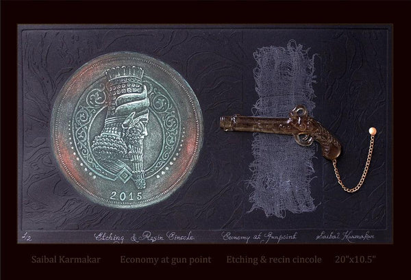 contemporary printmaking titled 'Economy At Gun Point', 11x20 inches, by artist Saibal Karmakar on Paper