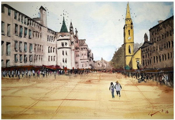 Cityscape watercolor painting titled 'Edinburgh Royal Mile Scotland', 7x11 inches, by artist Arunava Ray on Paper