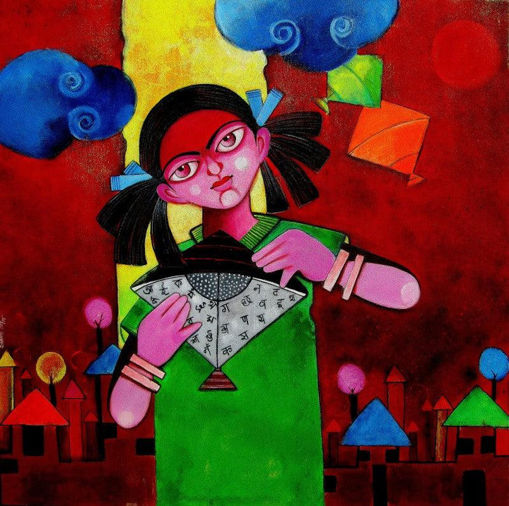 Figurative acrylic painting titled 'EDUCATE A GIRL', 30x30 inches, by artist Sharmi Dey on Canvas