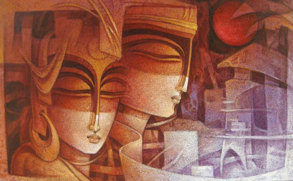 Figurative acrylic painting titled 'Egyptian King and Queen I', 30x48 inches, by artist Nityam Singha Roy on Canvas