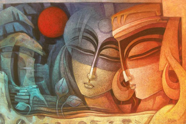 Figurative acrylic painting titled 'Egyptian King and Queen IV', 36x54 inches, by artist Nityam Singha Roy on Canvas