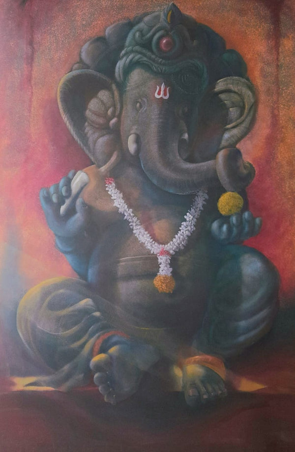 Religious acrylic painting titled 'Ekadanta', 53x36 inch, by artist Gopal Pardeshi on Canvas