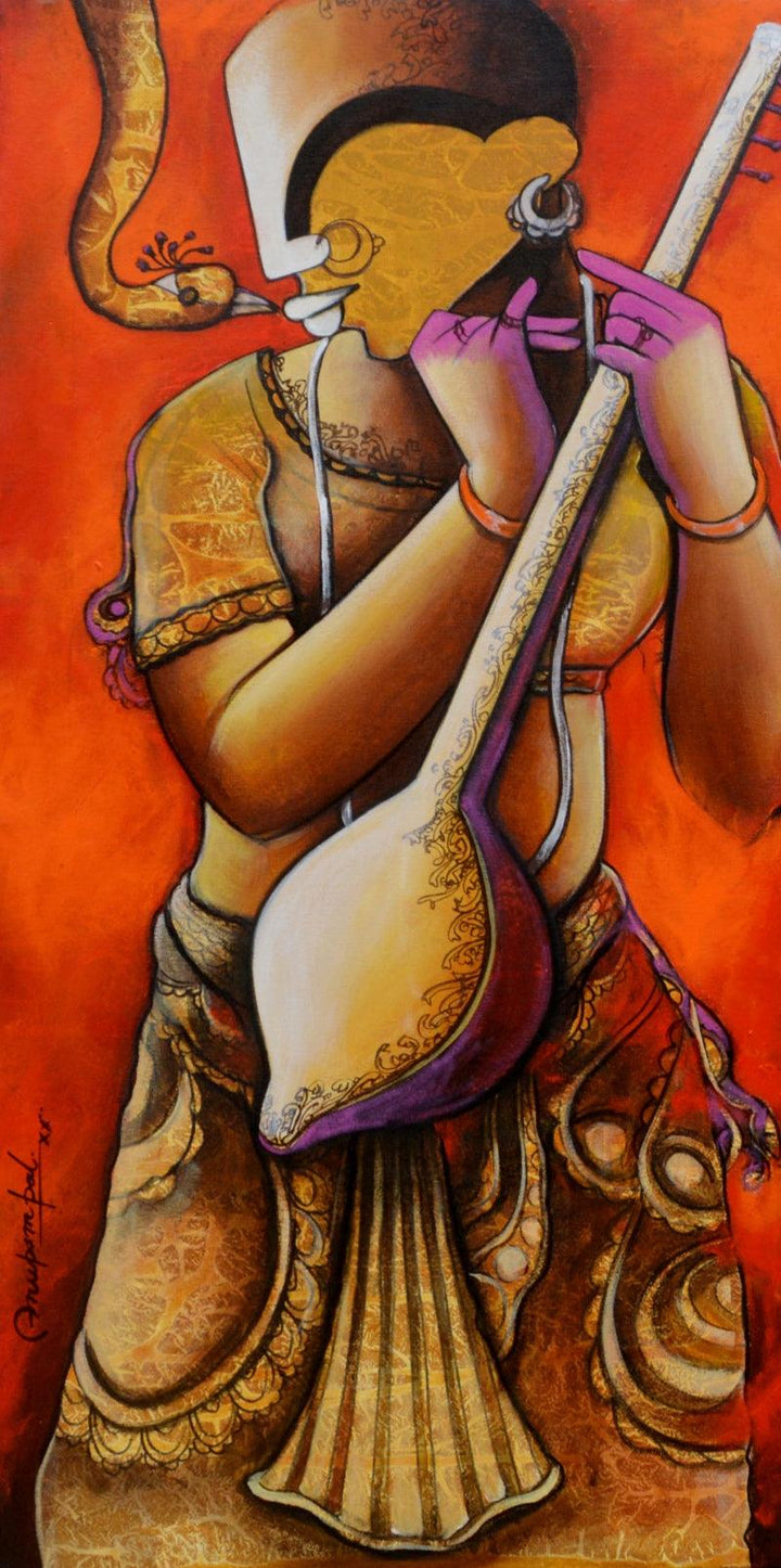 contemporary acrylic painting titled 'Element of Devotion', 18x36 inches, by artist Anupam Pal on canvas