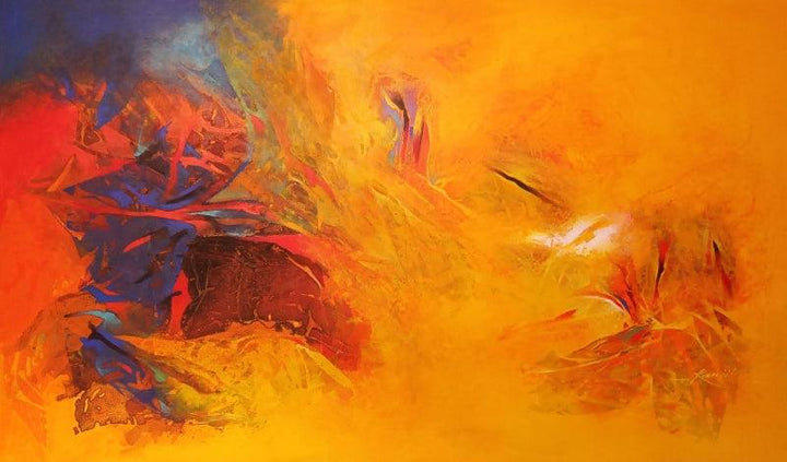 Abstract acrylic painting titled 'Elements 1', 35x59 inches, by artist Ranjit Singh Kurmi on Canvas