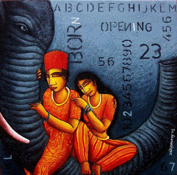 Figurative acrylic painting titled 'Elephant 2', 12x12 inches, by artist Samir Sarkar on Canvas